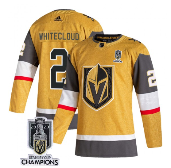 Men's Vegas Golden Knights #2 Zach Whitecloud Gold 2023 Stanley Cup Champions Stitched Jersey